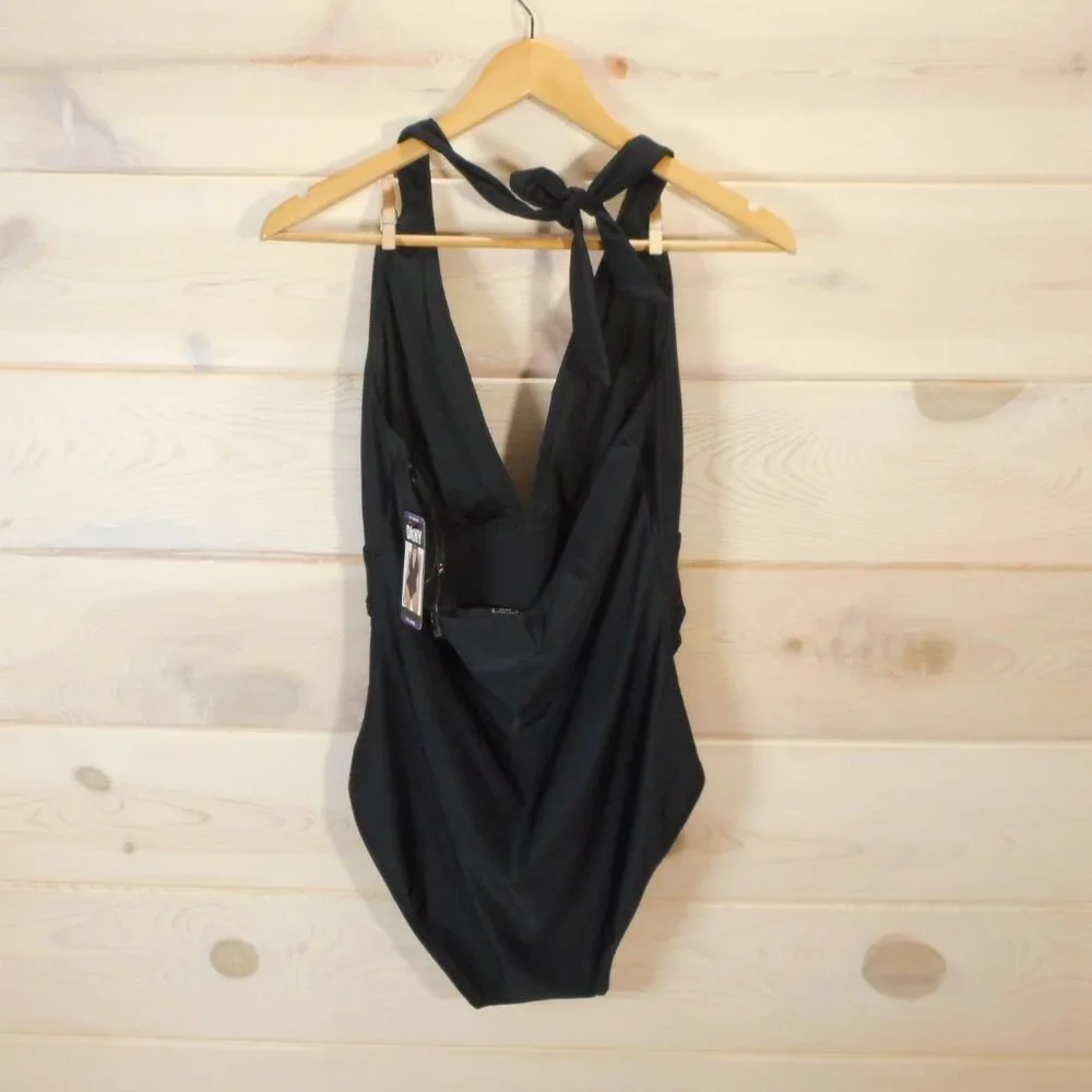 DKNY Women's Size 2XL Halter Shirred Waist One-piece Swimsuit Solid Black NWT - Picture 3 of 6